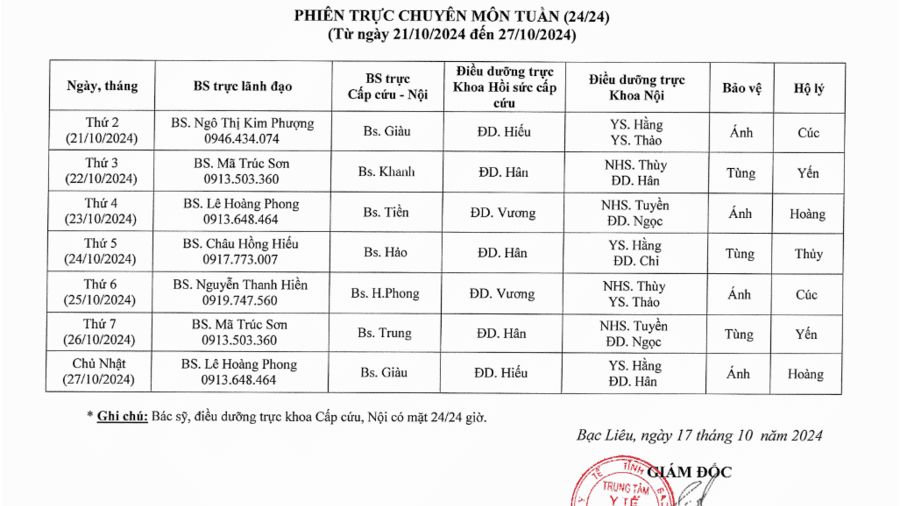 Lịch trực tuần 43 năm 2024 Lịch trực tuần 43 năm 2024