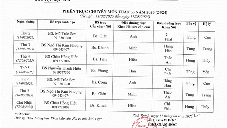 Lich trực tuần 33 năm  2025