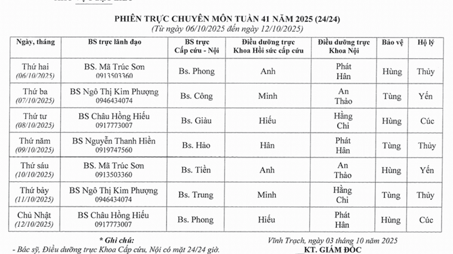 Lịch trực tuần 41 năm 2025