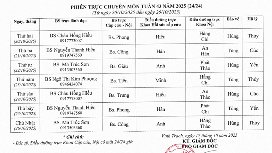 Lich trực tuần 43 năm  2025 Lich trực tuần 43 năm  2025