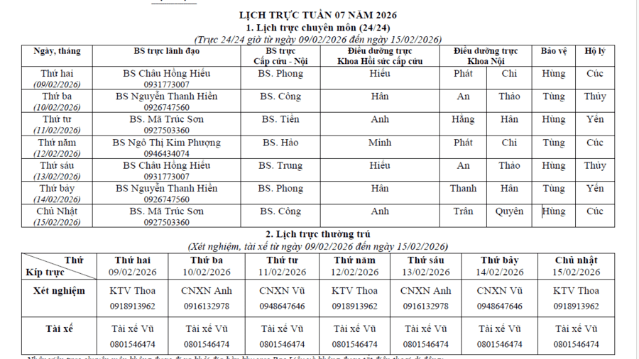 Lich trực tuần 07 năm 2026