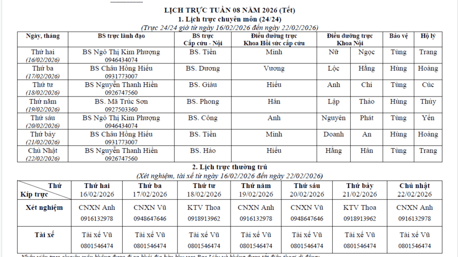 Lich trực tuần 08 năm 2026