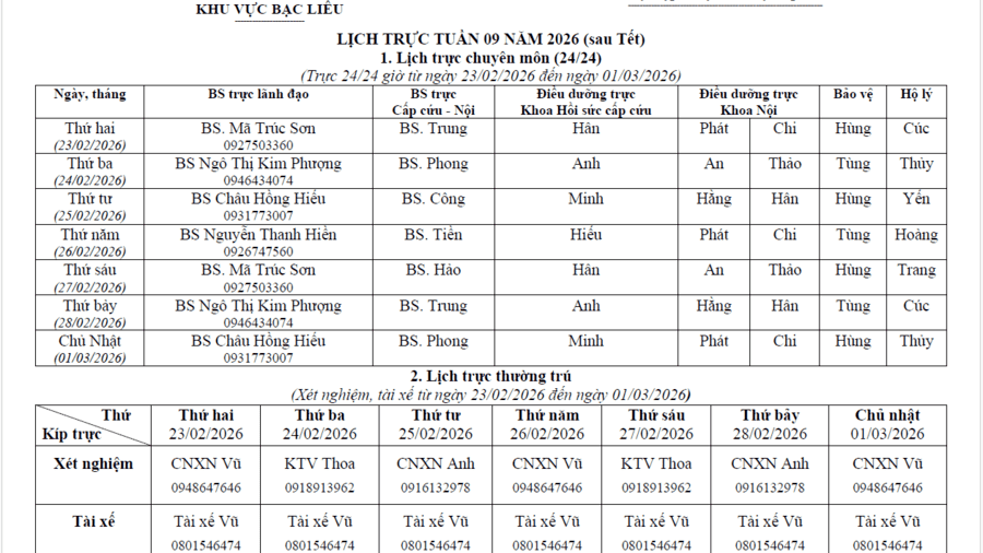 Lich trực tuần 09 năm 2026