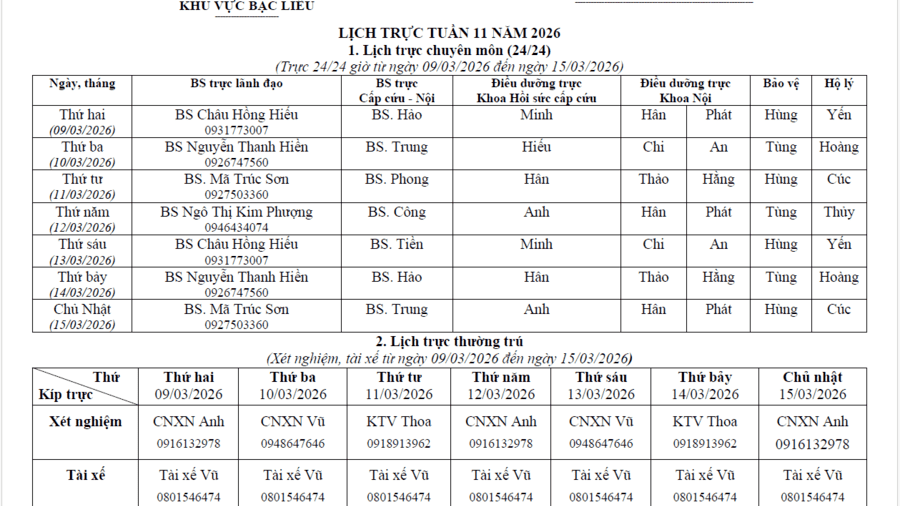 Lịch trực tuần 11 năm 2026