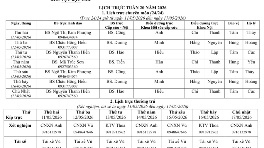 Lich trực tuần 20 năm 2026