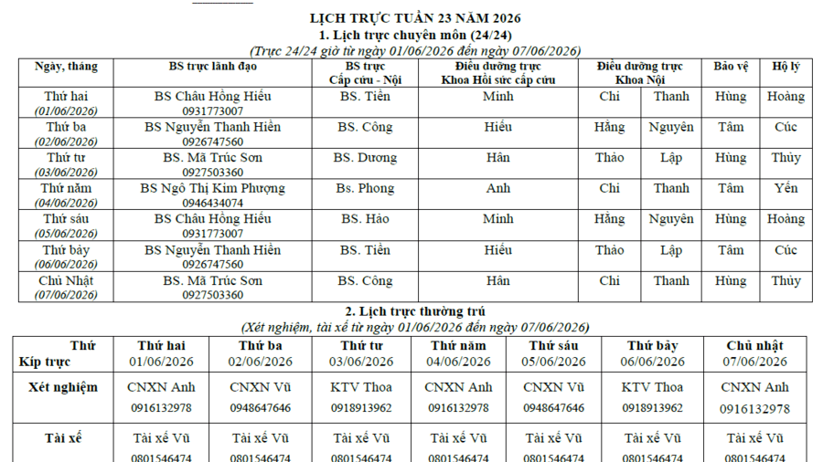 Lich trực tuần 23 năm 2026