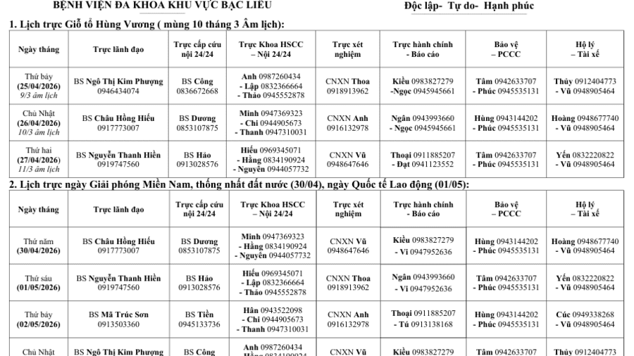Lịch trực giỗ tổ Hùng Vương, lễ 30-4, 1-5 năm 2026
